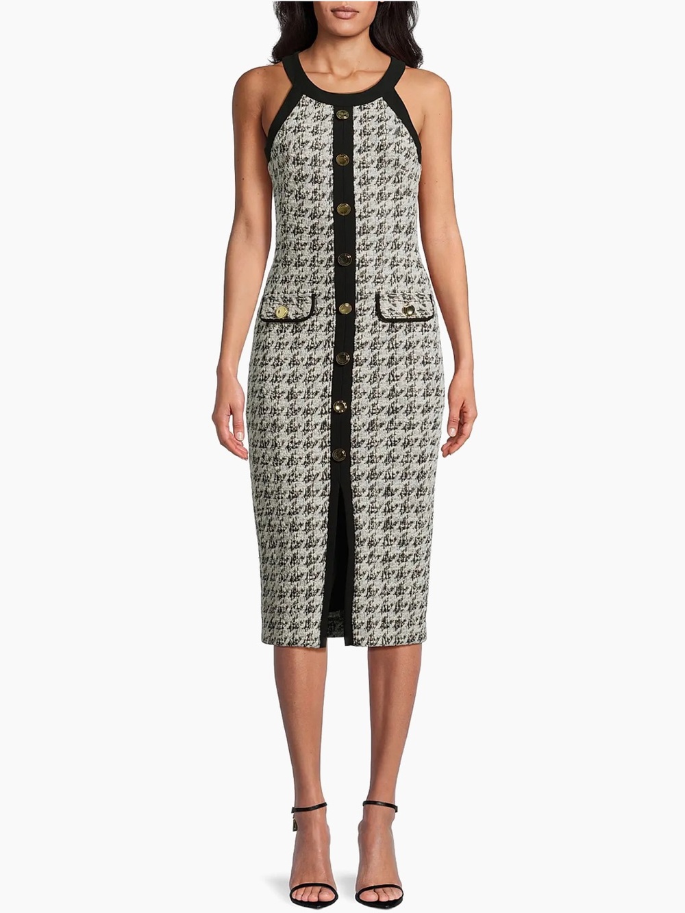 Black Halo Aura Herringbone Knit Bouclé Sleeveless Midi-Dress